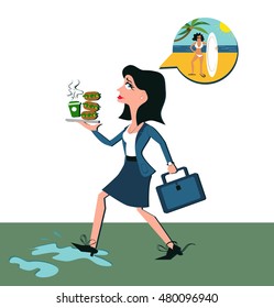 office employee late for work and dreaming about a vacation stepping in a puddle.woman