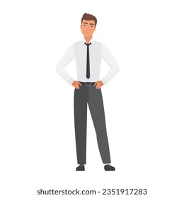 Office employee man with hands on hips. Confident business manager in standing pose vector illustration