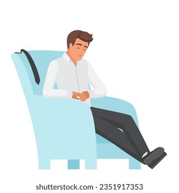 Office employee man sleeping in armchair. Businessman relaxing break vector illustration