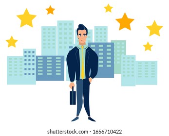 Office employee on the background of the metropolis, city. In minimalist style. Cartoon flat vector illustration