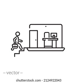 office employee on workplace online icon, hybrid work, leader job flexibility, thin line symbol on white background - editable stroke vector illustration