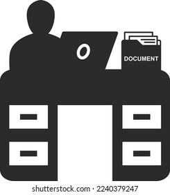 Office employee on workplace online icon, remote job icon black vector