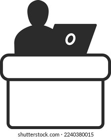 Office employee on workplace online icon, remote job icon black vector