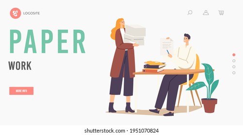 Office Employee Paper Work Landing Page Template. Man and Woman with Big Heap of Documents Files. Business People Characters, Accounting Bureaucracy, Manager Job. Cartoon People Vector Illustration