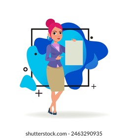 Empleado de oficina con el pelo rosado sosteniendo el documento en blanco. Personaje femenino en ropa formal apuntando a la hoja de papel. Ilustración vectorial. Negocio, concepto de publicidad para el diseño de Sitios web, página de destino