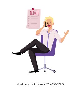 Office employee procrastinating instead of working, flat vector illustration isolated on white background. Happy man talking on the phone with urgent to-do list.
