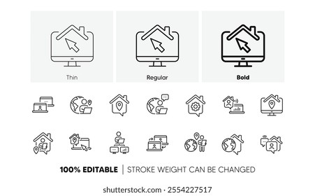 Office employee, Remote worker and Freelance job. Work at home line icons. Stay at home, internet work, remote teamwork line icons. Worker with computer, home workspace, shared network. Vector