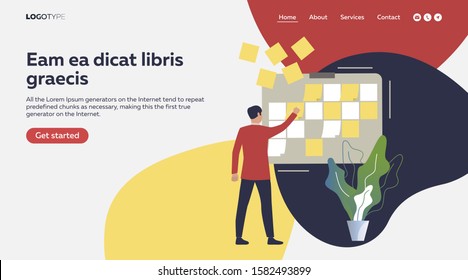 Office employee removing notes from planning board. Kanban board, task, done flat vector illustration. Business or management concept for banner, website design or landing web page