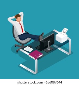 Office employee is resting flat 3d vector isometric illustration