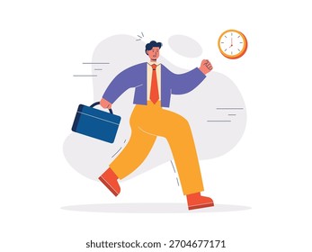 Funcionários de escritório correndo às pressas enquanto carregavam uma mala, atrasados para o trabalho. Design de caracteres. Ilustração em plano vetorial