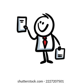 Office employee showings  a sheet of paper with successful report to his boss. Vector doodle illustration of man at work.