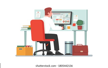 Office employee sits at a desktop in front of a computer monitor. Clerk or accountant, financial analyst works. Vector illustration in flat style