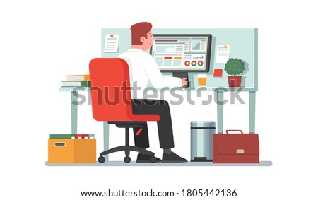 Office employee sits at a desktop in front of a computer monitor. Clerk or accountant, financial analyst works. Vector illustration in flat style