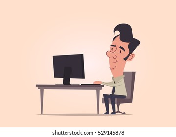 Office Employee Sitting and Working with Computer. Vector Illustration