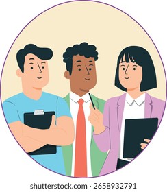 Empleado de oficina Trabajador de equipo Registrar trabajadores de oficina sonrientes o empleados de pie juntos. Equipo de lindos y alegres empleados masculinos y femeninos o colegas de trabajo en equipo
