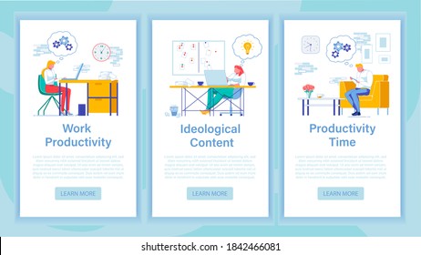 El Problema Del Pensamiento De Los Empleados De Office, Usando El Portátil. Productividad laboral. Mujer tratando de encontrar una buena solución. Contenido ideológico. Hombre que utiliza el tiempo de trabajo de manera productiva. Tres banners con espacio para copias.