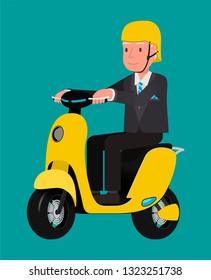 An office employee travels to work on a small-sized motorcycle. Vector illustration, flat design drawing.