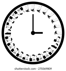 Office employee typical weekday schedule is presented in 24-hour round clock.