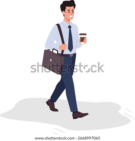 office employee walking with coffee and a briefcase.