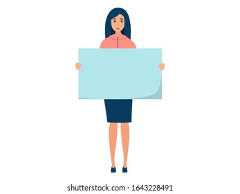 Office employee, a woman holding a blank poster in front of her. In minimalist style. Cartoon flat vector illustration