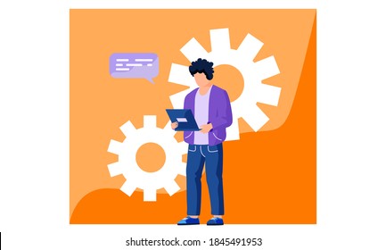 Office employee is working on a computer and sending an email. The man in a suit is using a laptop for communication and work. Worker is standind on orange with large gears. Curly young man do service