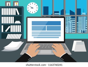 Office Employee Workspace With Someone Hand Typing White Modern Keyboard On Computer Notebook. And Diverse Stationery Objects For Work. All Elements Are Easy To Use. Vector Illustration