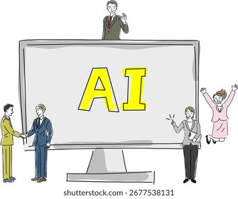 office employees celebrating the implementation of AI in business, symbolizing efficiency, productivity, and workplace innovation