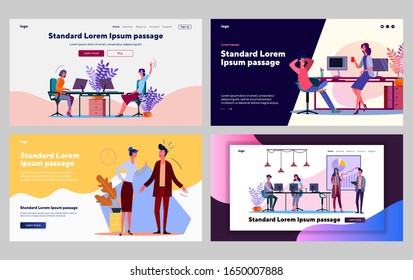 Office employees communication set. Managers talking, arguing, presenting project. Flat vector illustrations. Business, corporate work concept for banner, website design or landing web page