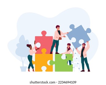 Office Employees Cooperation, Joint Work, Partnership. People Group Stand on Ladder Together Set Up Huge Colorful Separated Puzzle Pieces. Businesspeople Teamwork Concept. Cartoon Vector Illustration