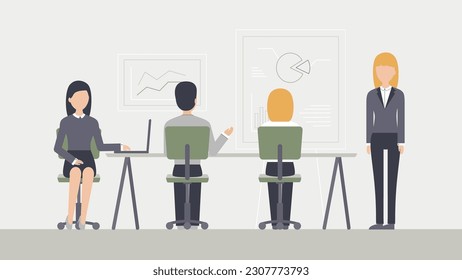 Discusión de los empleados de Office. Presentación y análisis. Hablar o informar a los colegas en el lugar de trabajo. Ilustración moderna. 