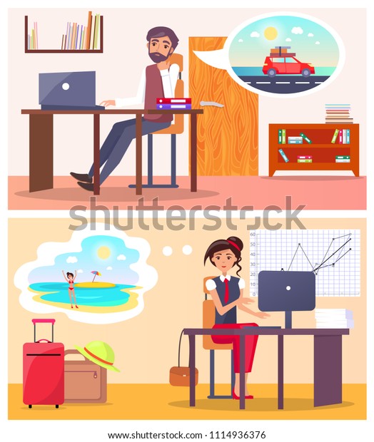 Office employees dream about summer travel\
set. Man and woman sit at desk with computers while plan vacation\
abroad cartoon flat vector\
illustration.