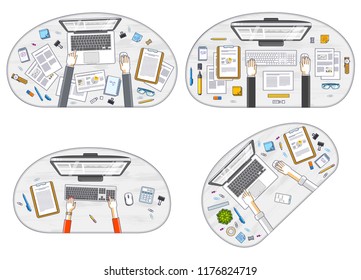 Office employees or entrepreneurs work desks workplaces with hands and PC computers and diverse stationery objects for work, top view. All elements are easy to use separately. Vector set.