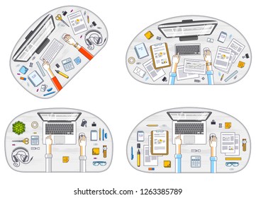 Office employees or entrepreneurs work desks workplaces with hands and PC computers and diverse stationery objects for work, top view. All elements are easy to use separately. Vector set.