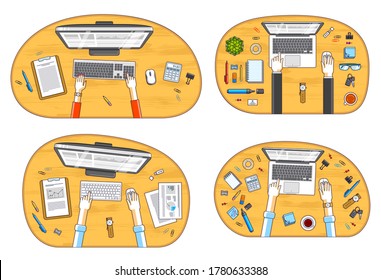 Office employees or entrepreneurs work desks workplaces with hands and PC computers and diverse stationery objects for work, top view. All elements are easy to use separately. Vector set.