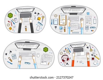 Office employees or entrepreneurs work desks workplaces with hands and PC computers and diverse stationery objects for work, top view. All elements are easy to use separately. Vector set.