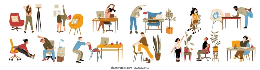 Office employees exercise at work, stretch near the desk isolated set. People practicing workout at workplace doing squats, leans and lunges enjoying break, Cartoon linear flat vector illustration