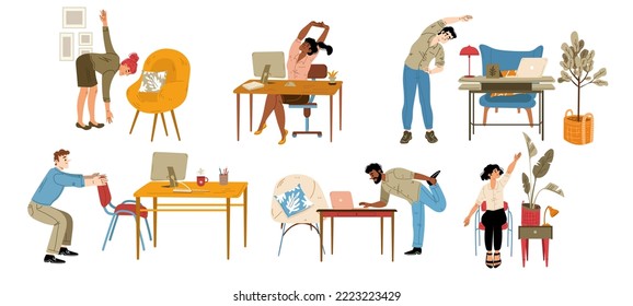 Office employees exercise at work, stretch near the desk isolated set. People practicing workout at workplace doing squats and leans enjoying break, Cartoon linear flat vector illustration