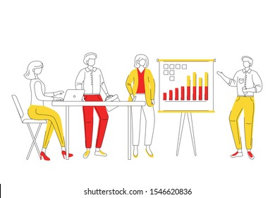 Office employees flat contour vector illustration. Worker presenting report. Teamwork concept. Brainstorming for ideas. Board meeting. Strategy discussion. Isolated faceless cartoon characters