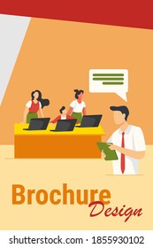 Office employees listening manager with clipboard. Laptop, worker, staff flat vector illustration. Business and management concept for banner, website design or landing web page