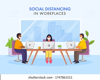 Office employees maintaining social distance during working together in workplace to prevent from Coronavirus, Covid-19.