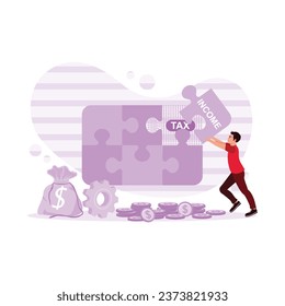 Office employees make puzzles with income tax words. Tax concept. Trend Modern vector flat illustration