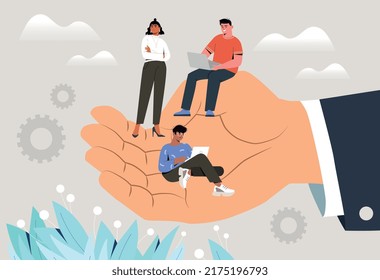 Office employees on boss hand. Metaphor for taking care of subordinates, creating comfortable conditions for efficient work in office. Colleagues at workplace. Cartoon flat vector illustration