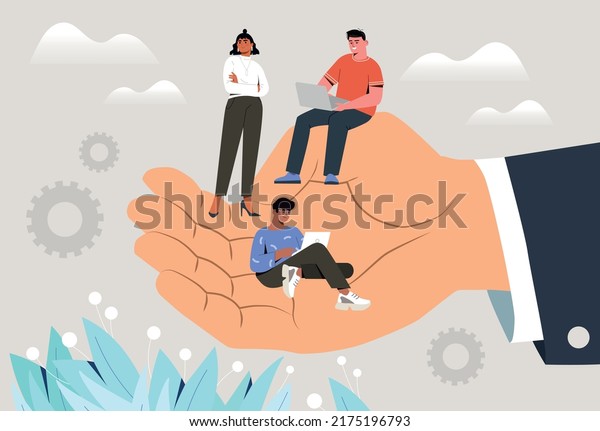 Office employees on boss hand. Metaphor for\
taking care of subordinates, creating comfortable conditions for\
efficient work in office. Colleagues at workplace. Cartoon flat\
vector illustration
