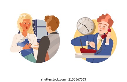 Office employees performing various activities set. People talking with each other and on on phone cartoon vector illustration