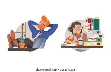 Büroangestellte, die verschiedene Tätigkeiten ausführen. Entspannte und überarbeitete Geschäftsleute Cartoon Vektorgrafik