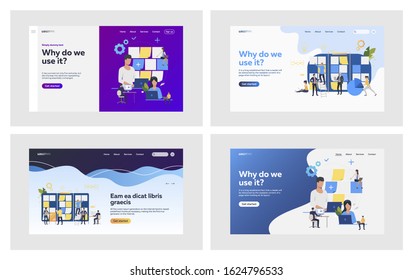 Office employees planning tasks set. Managers sticking notes, working at board. Flat vector illustrations. Management, schedule, agenda concept for banner, website design or landing web page