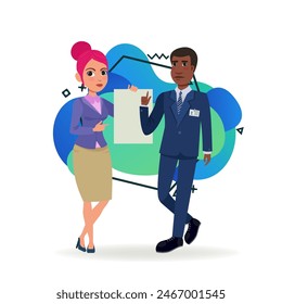 Office employees pointing at blank document. Vector illustration. African American businessman and Caucasian office manager concluding contract. Business, agreement, advertising, paperwork concept