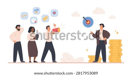 Office employees protest for better rights, salary and benefits, confronting employer near money stacks and target, concept of worker protection, strike and negotiation isolated vector illustration