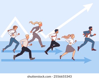 Office employees running race. Business people moving towards goal, men and women in formal suits, competitive life, busy characters rushing cartoon flat isolated illustration vector concept