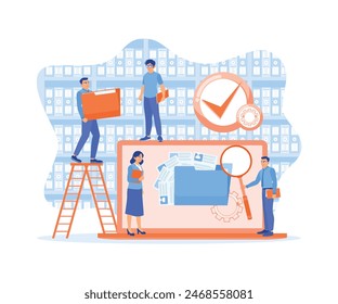 Office employees save and search for files in the database. Manage files in an organized manner. Database concept. Flat vector illustration.